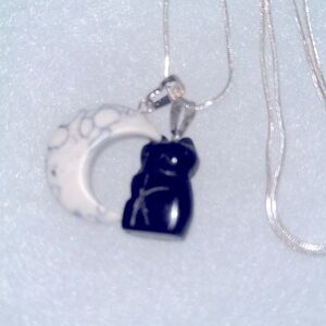 Gothic Onyx Cat and Howlite Moon Silver 24” Neck…